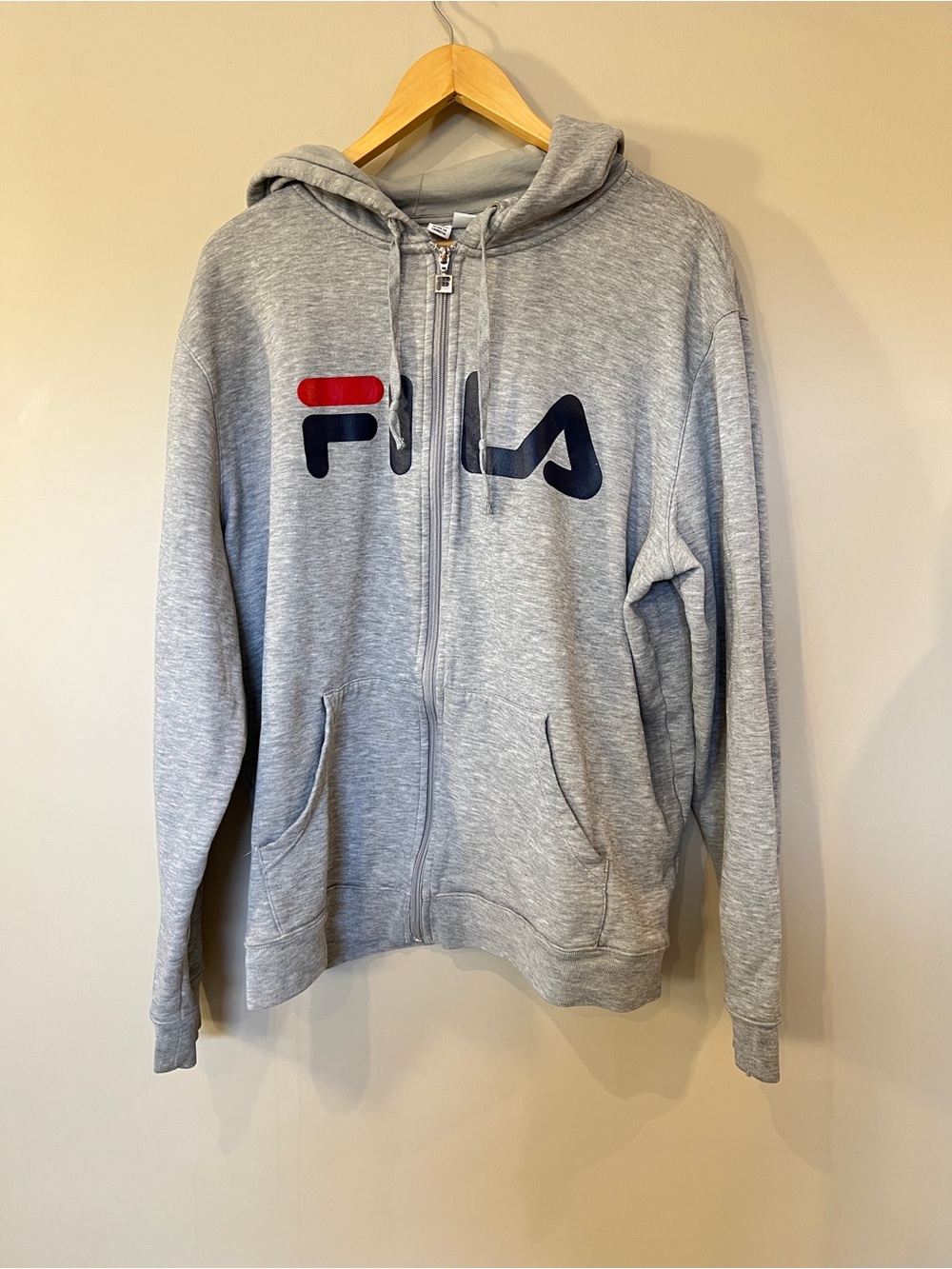 Fila Men's Light Gray Zip-Up Hoodie with Navy & Red Logo